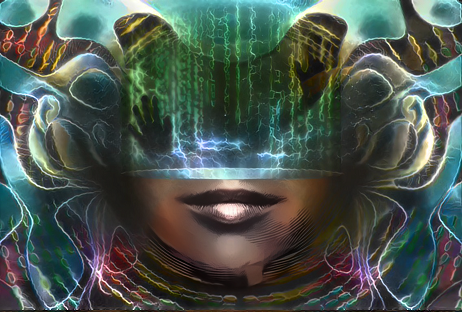 Cerebral Overwriter illustration by Krembler. The upper half of a figure's face dissolves into electric static.
