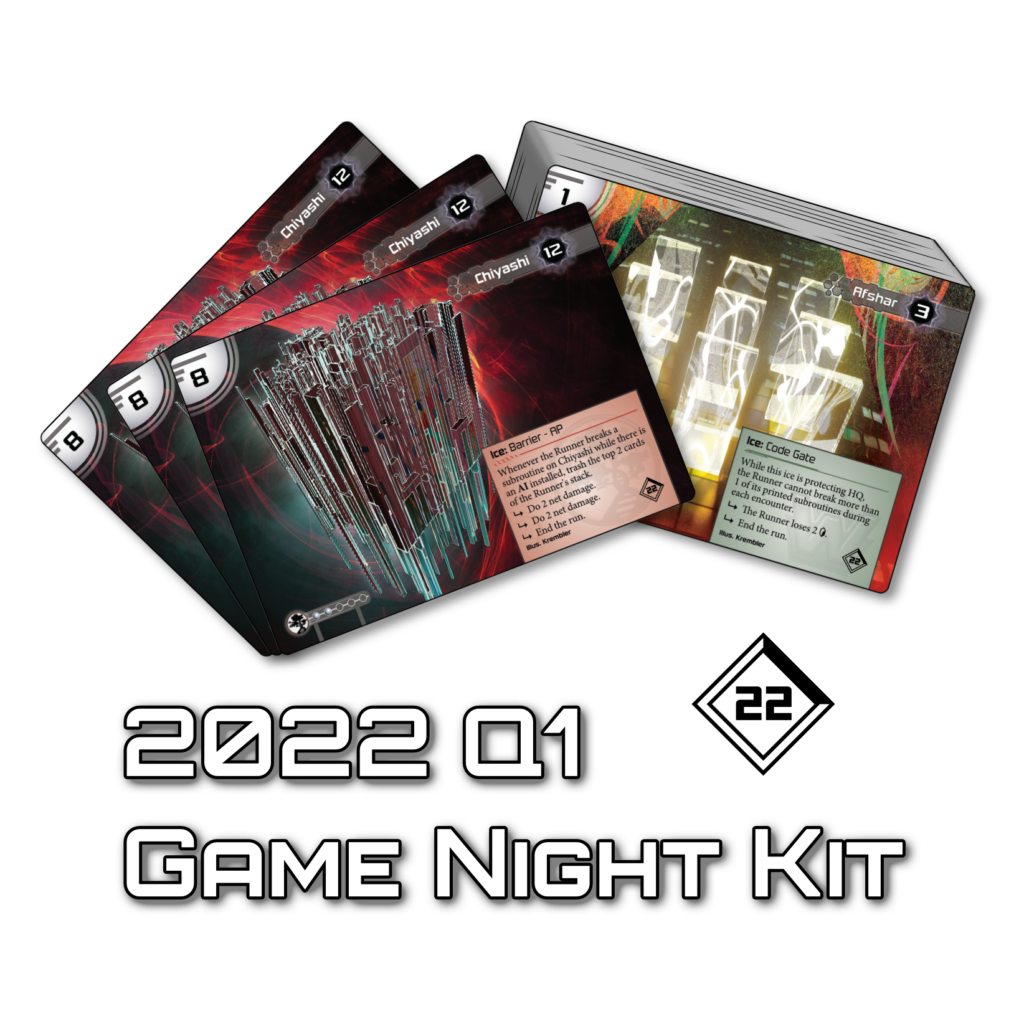 Sample of the 2022 Q1 Game Night Kit, showing 3 Chiyashi cards and a stack of Afshar cards.