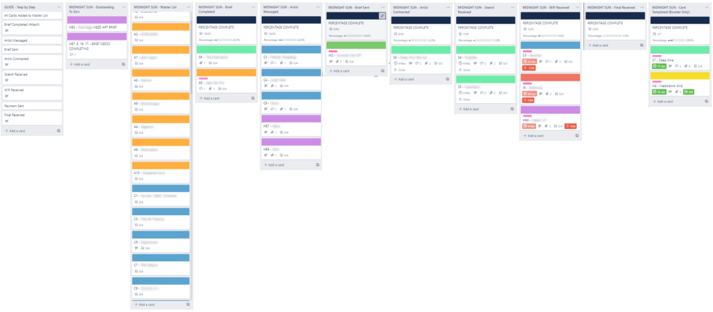 A large Trello board for tracking the process of managing art commissions.