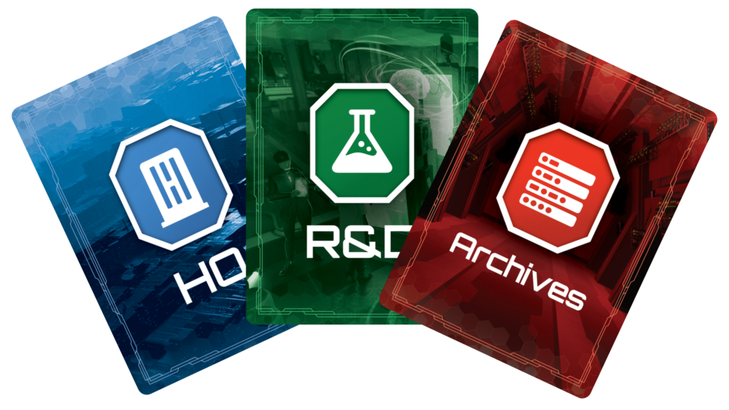 Three cards, reading "HQ", "R&D", and "Archives".